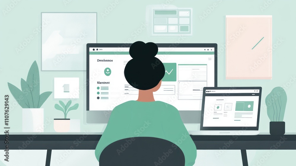 Poster A person working at a desk with two computer screens, surrounded by plants in a modern workspace.