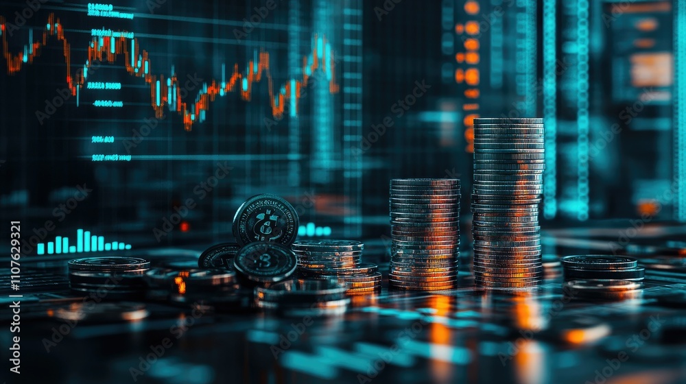 Poster coins stacked neatly on a desk with a background of financial graphs, symbolizing the growth of savi