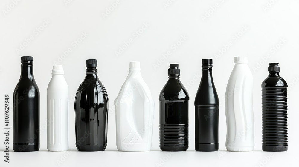 Poster collection of black and white plastic bottles isolated on white, featuring various designs and ample