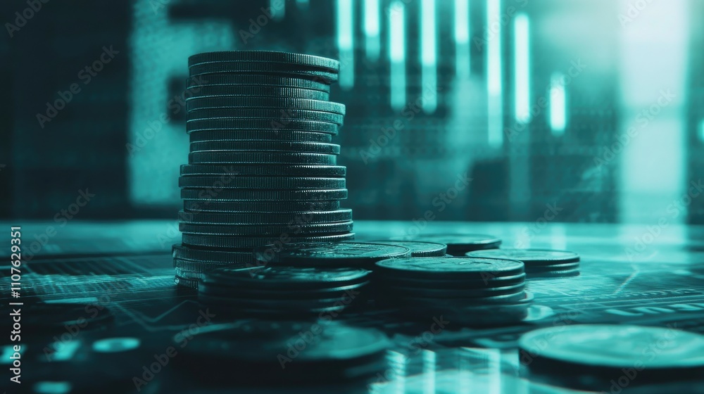 Poster coins stacked neatly on a desk with a background of financial graphs, symbolizing the growth of savi