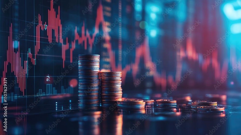 Poster coins stacked neatly on a desk with a background of financial graphs, symbolizing the growth of savi