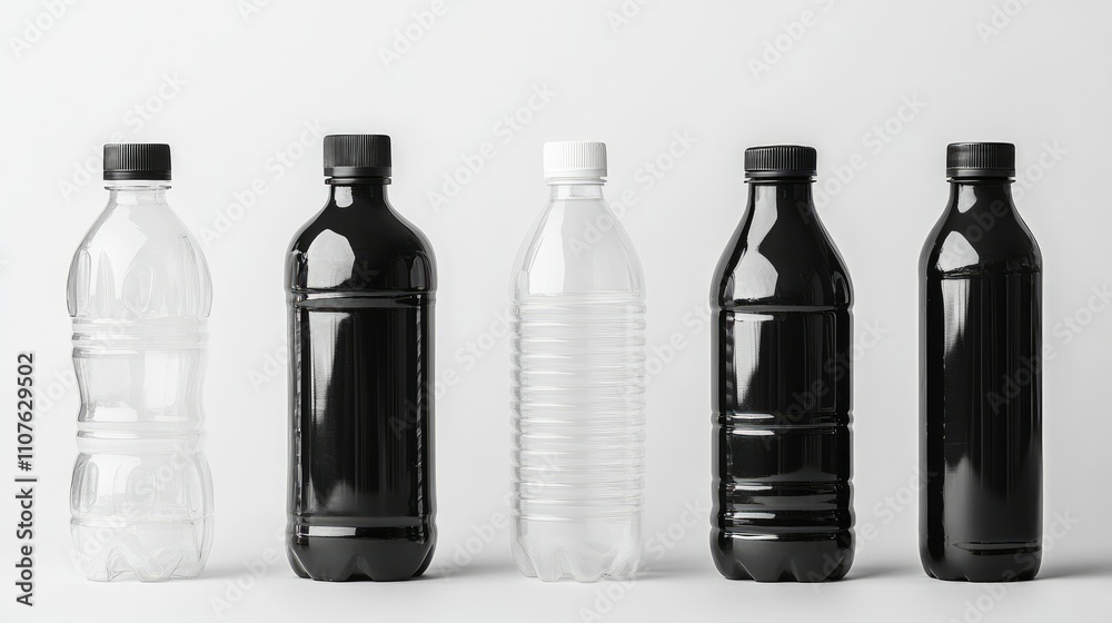 Poster collection of black and white plastic bottles isolated on white, featuring various designs and ample