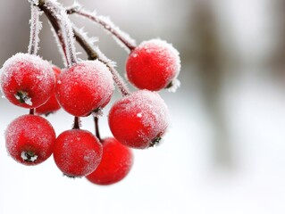 Close-up of bright red berries covered in frost, hanging from a branch in a snowy winter setting, symbolizing seasonal beauty.