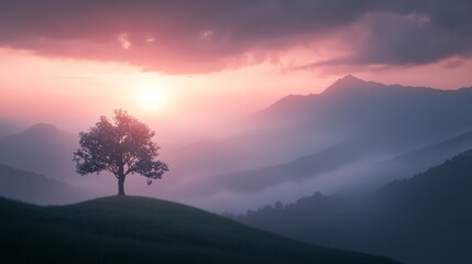 Fototapeta premium Serene mountain sunrise, Lonely tree on hill at dawn, Soft misty landscape, Ambient pastel tones