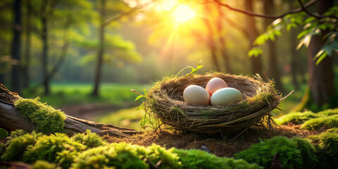 Obraz premium rustic wooden nest cradling delicate pastel eggs sits on mossy log in sunlit forest, creating serene and natural scene