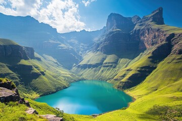 A serene mountain landscape featuring a turquoise lake surrounded by lush green hills.