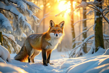 Fototapeta premium solitary red fox stands in snow dusted forest, illuminated by warm glow of setting sun, creating serene and picturesque winter scene