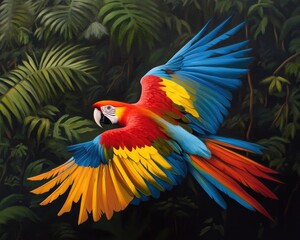 Obraz premium A striking portrayal of a Scarlet Macaw in mid-flight, showcasing its stunning plumage against a lush jungle backdrop, symbolizing the beauty of wildlife and nature.