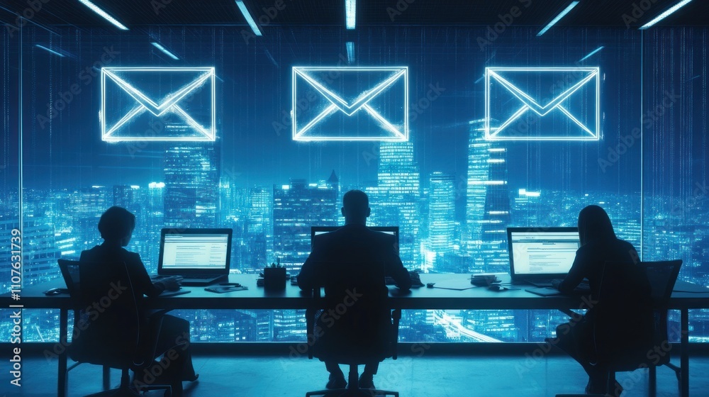 Poster Three individuals working at computers in a futuristic office with glowing email icons.