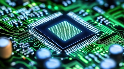 Close-up of a microchip on a circuit board, showcasing intricate electronic components.
