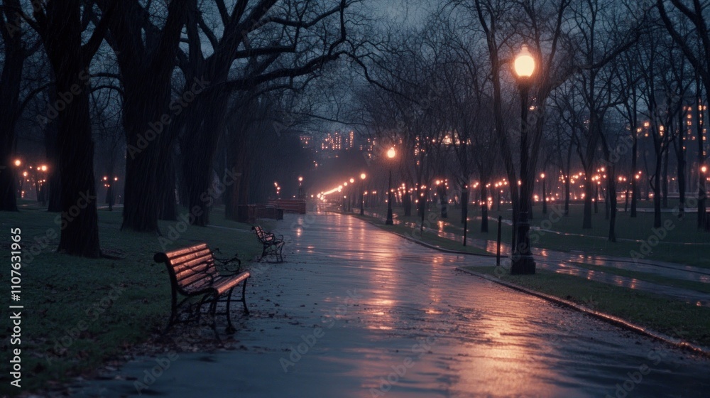 Poster a tranquil park path at dusk, illuminated by streetlights and reflecting rain on the pavement.