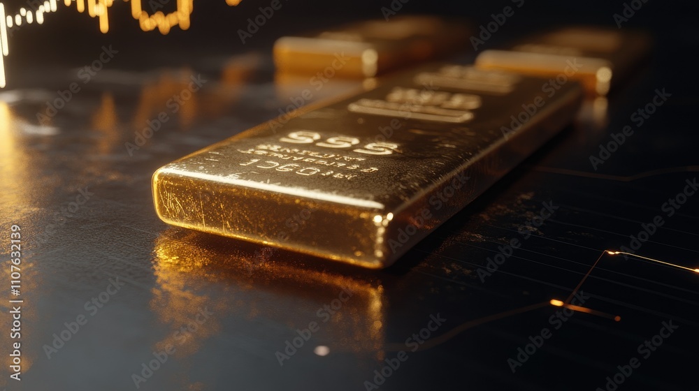 Poster gold bars displayed on a polished surface with financial graphs in the background, representing fina