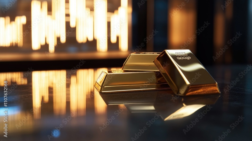 Poster gold bars displayed on a polished surface with financial graphs in the background, representing fina