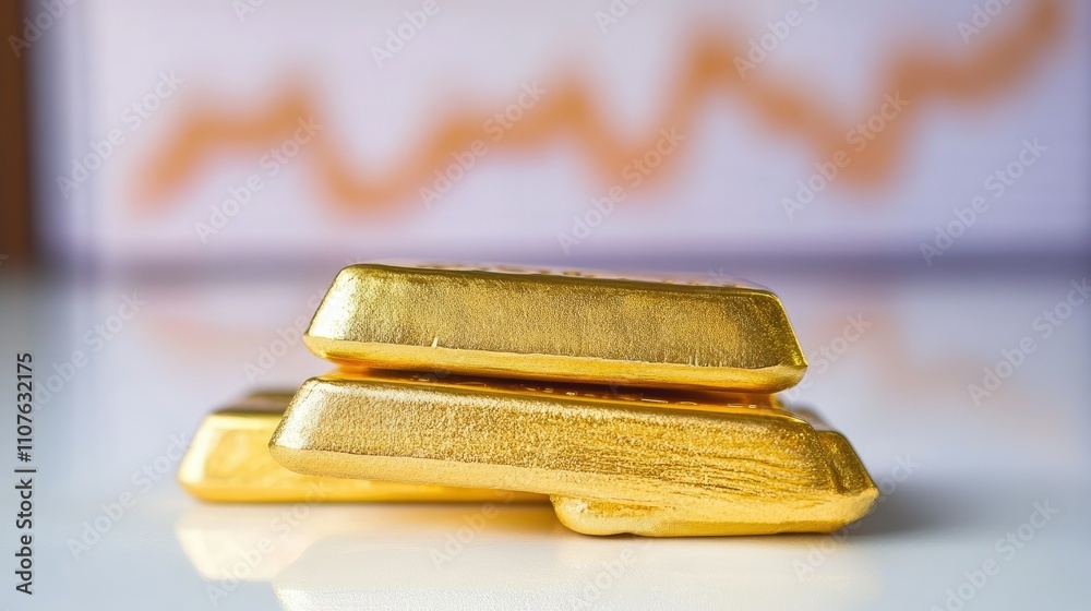 Poster gold bars displayed on a polished surface with financial graphs in the background, representing fina