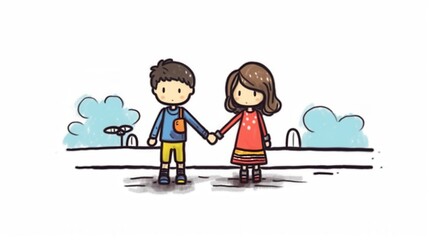 Two children, a boy and a girl, joyfully holding hands, enjoying a sunny day in a whimsical illustrated style.