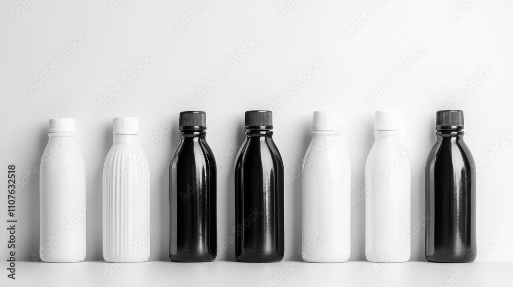 Poster Group of black and white plastic bottles on a plain white background, designed for product display with different shapes and sizes, leaving space for copy or branding