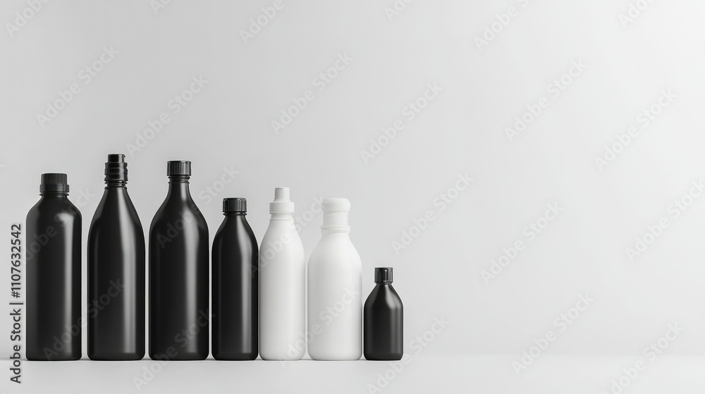 Poster Group of black and white plastic bottles on a plain white background, designed for product display with different shapes and sizes, leaving space for copy or branding