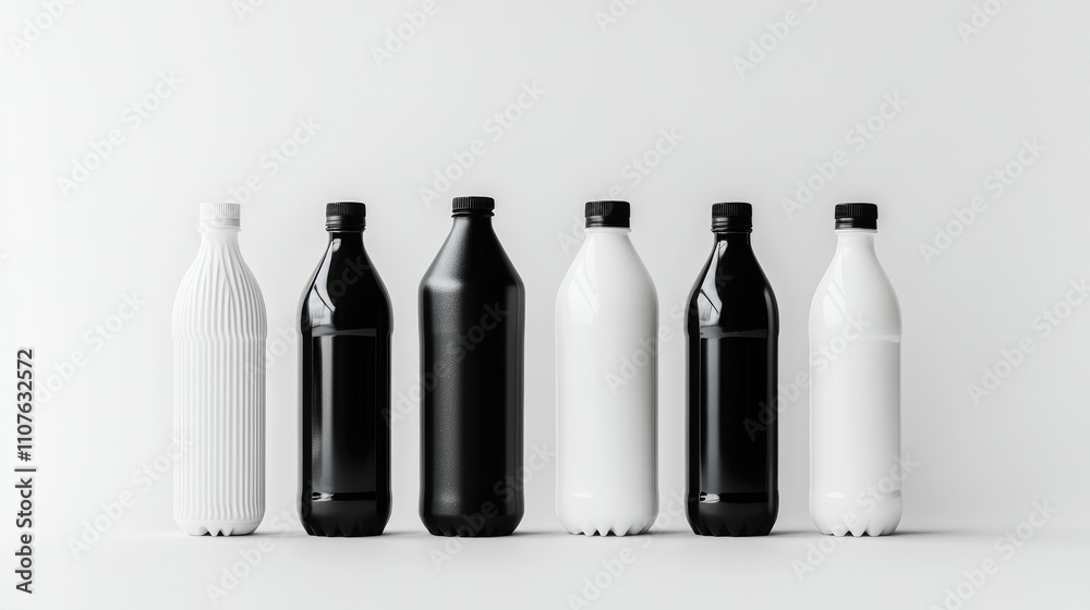Poster Group of black and white plastic bottles on a plain white background, designed for product display with different shapes and sizes, leaving space for copy or branding