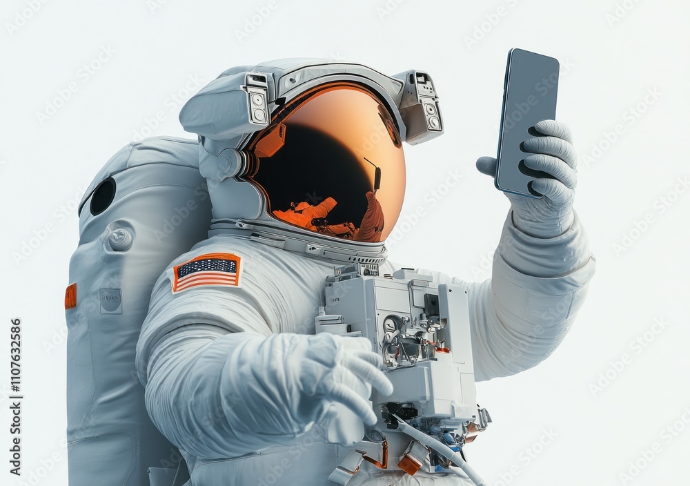 Poster an astronaut in a space suit taking a selfie with a smartphone.