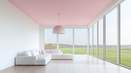A modern living room with a pink ceiling and large windows overlooking a green landscape.