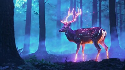 A mystical deer with glowing antlers stands in a foggy forest, creating an enchanting atmosphere. - Powered by Adobe