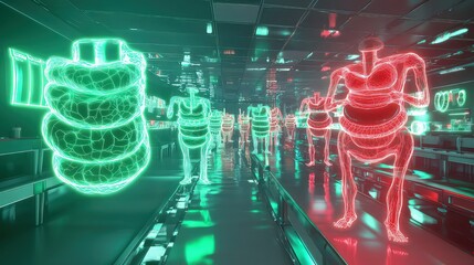 Holographic human outlines glow green and red on a futuristic assembly line for medical concepts.
