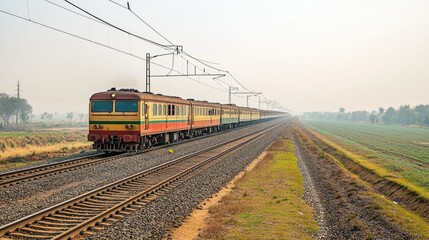 Obraz premium Indian train on a straight railway track with a clear white sky in the background, representing the vast landscape of Indian railways