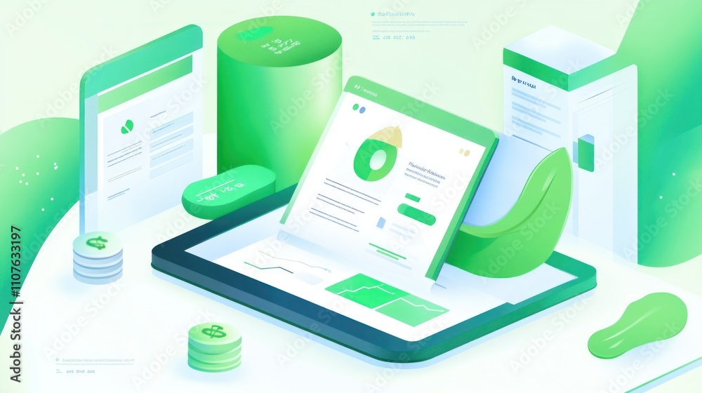 Aufkleber a digital illustration showcasing analytics and data visualization in a green-themed design.
