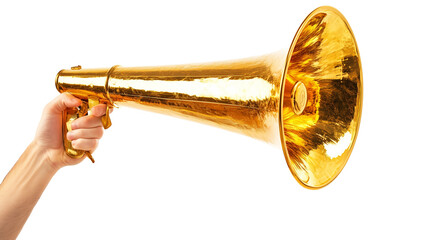 Obraz premium Hand holding golden megaphone isolated on transparent background