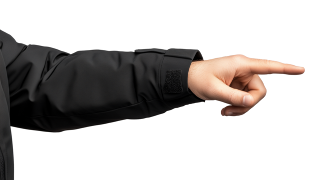 Hand in black jacket pointing finger isolated on transparent background
