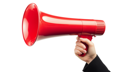 Hand holding red megaphone isolated on transparent background