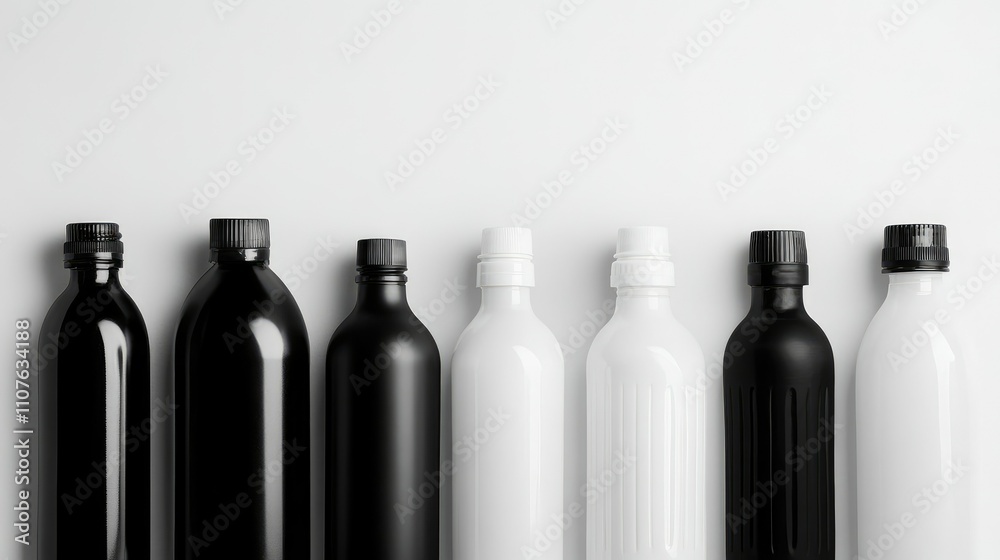 Poster set of black and white plastic bottles arranged on a white background, perfect for product display a