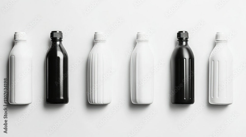 Poster set of black and white plastic bottles arranged on a white background, perfect for product display a