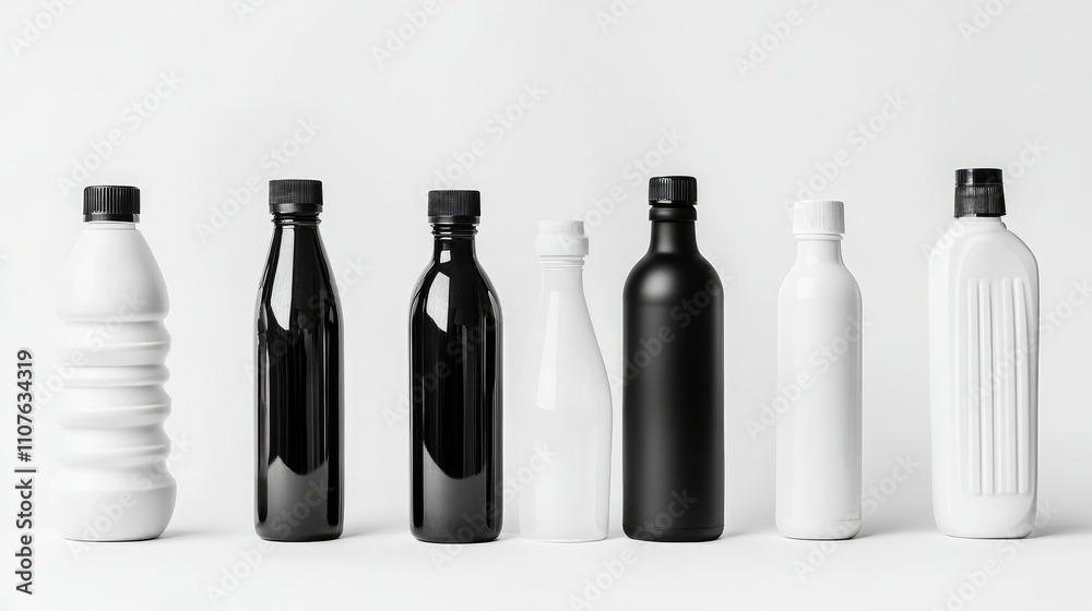 Poster Set of black and white plastic bottles isolated on a white background for product display, showcasing various shapes and sizes with ample space for branding