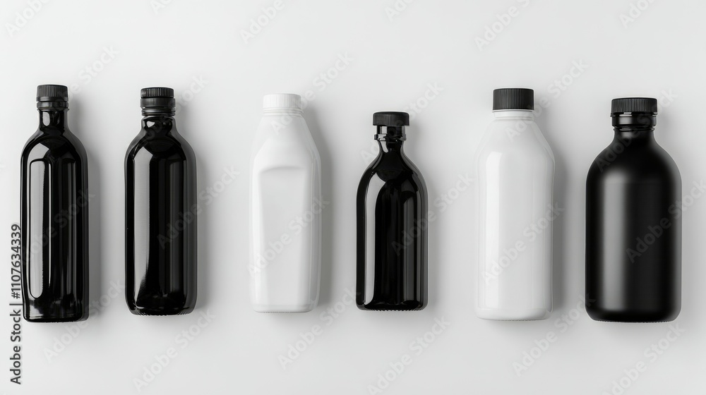 Aufkleber set of black and white plastic bottles arranged on a white backdrop, showcasing various shapes and s