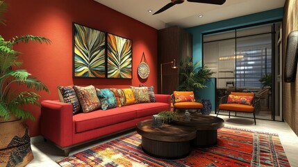 Sleek living room design with an Indian red feature wall, a vibrant hibiscus red sofa, and decorative pillows, with negative space for creative marketing and design