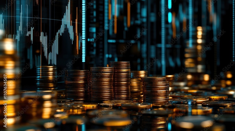 Poster stacks of coins growing steadily with financial graphs in the background, symbolizing growing saving