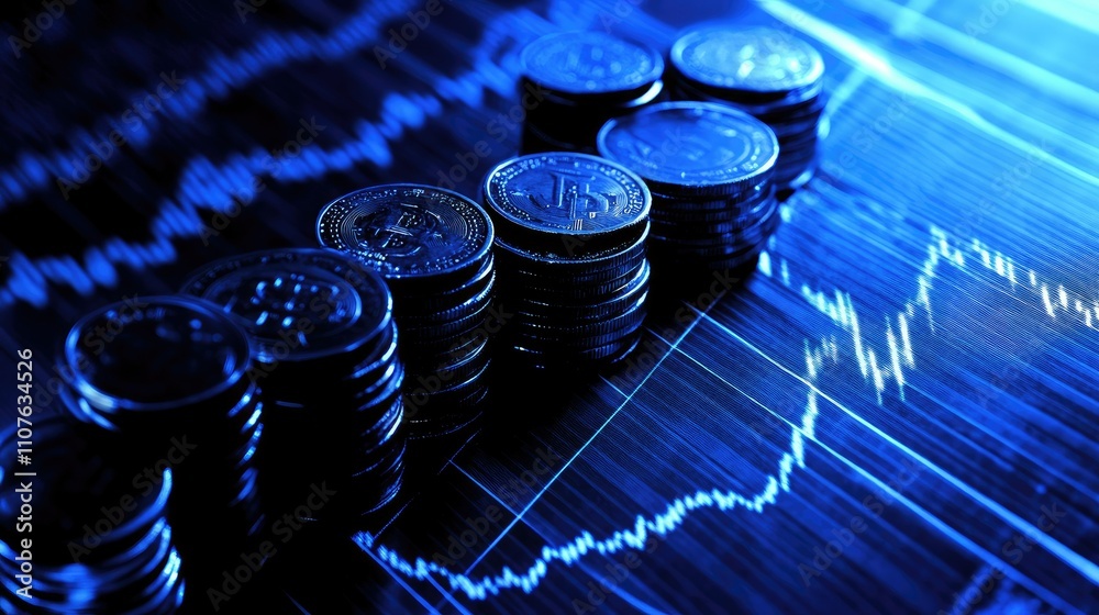 Poster stacks of coins growing steadily with financial graphs in the background, symbolizing growing saving
