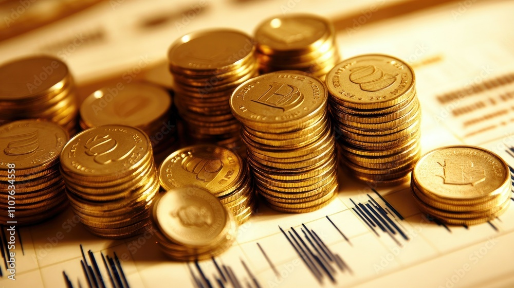 Poster stacks of coins growing steadily with financial graphs in the background, symbolizing growing saving