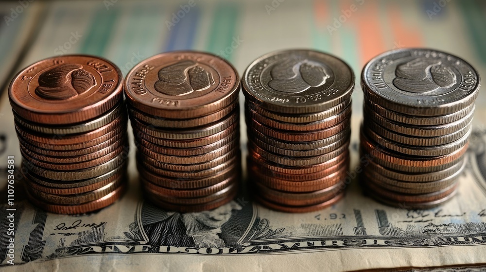 Aufkleber stacks of coins growing steadily with financial graphs in the background, symbolizing growing saving