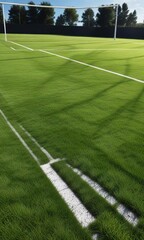 Fototapeta premium Close-up of freshly mowed turf with white goalposts in the background, league, goal line