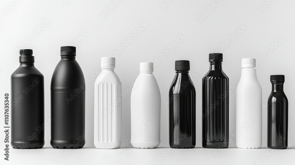Poster various black and white plastic bottles of different sizes and shapes, isolated on a white backgroun