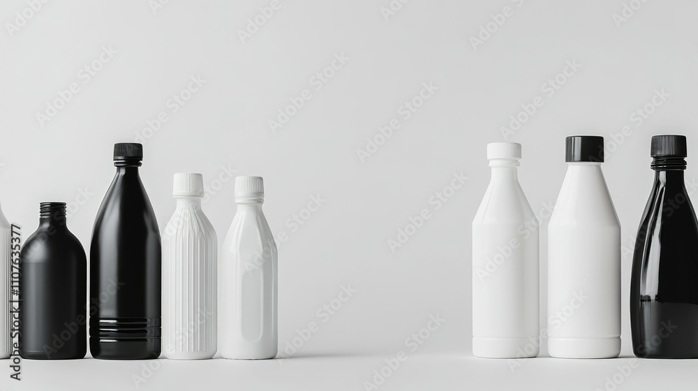 Poster various black and white plastic bottles of different sizes and shapes, isolated on a white backgroun