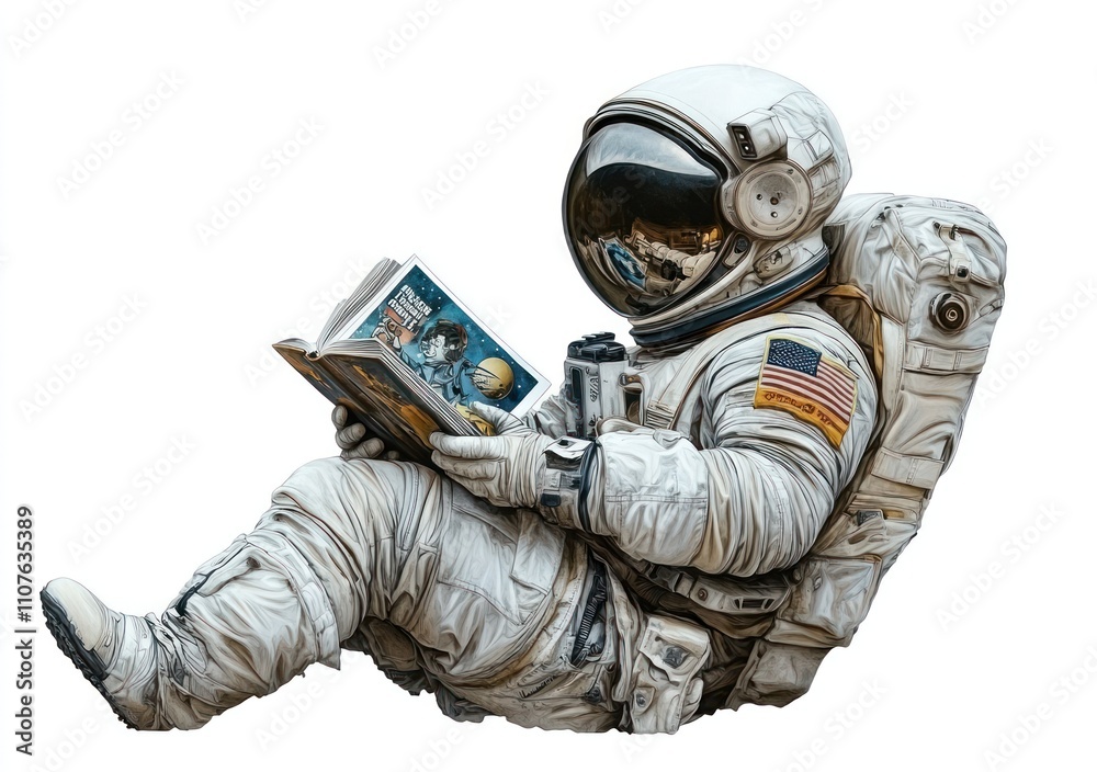 Aufkleber an astronaut relaxes while reading a book in a space-like setting.
