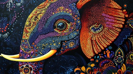 Obraz premium Vibrant folk art illustration of an Indian elephant, created with intricate dots and patterns, showcasing traditional dot painting style