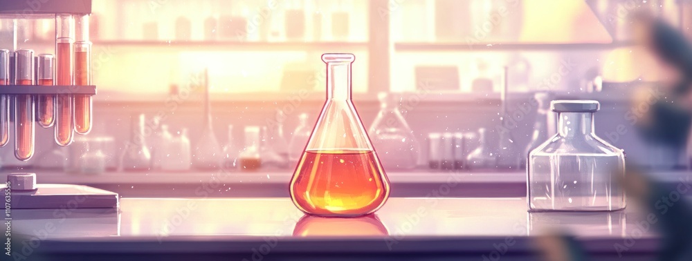 Poster a laboratory scene featuring a flask with orange liquid, symbolizing scientific experimentation.
