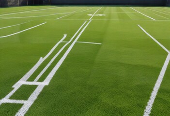 Fototapeta premium Lacrosse field with green artificial turf and white boundary lines, turf, lacrosse