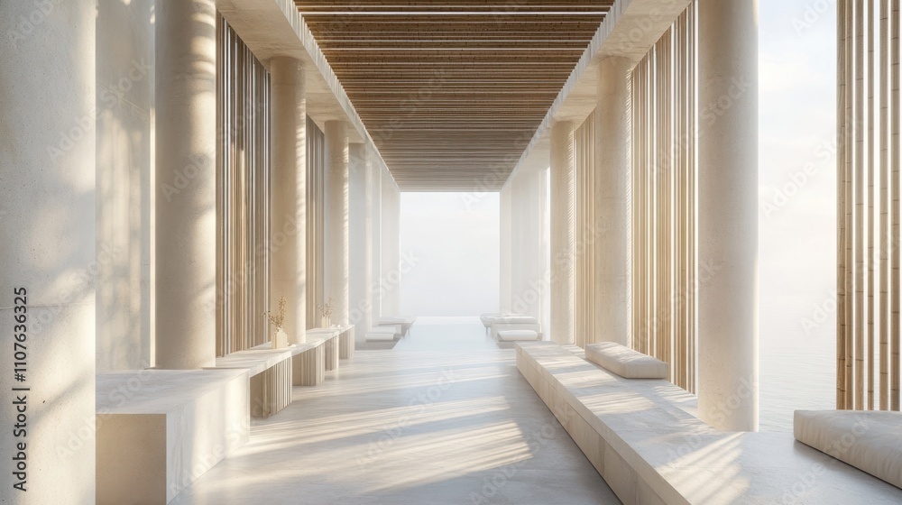 Aufkleber a serene architectural space with columns and natural light, overlooking a tranquil view.