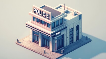 Isometric Sci-Fi Western Police Station with POLICE Text in Cartoon Style