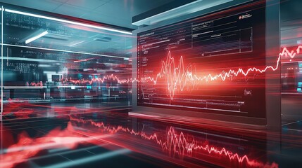 A futuristic hospital lab where a large digital heart monitor emits spiking lines, with abstract red waves and light pulses reflecting the chaotic energy of a heart attack.